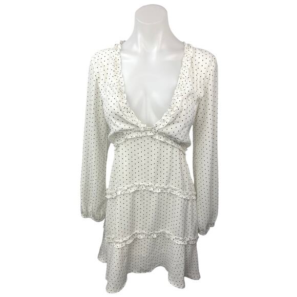 Polly White Polka Dot Ruffle V-neck Long Puff Sleeve Tiered Ruffle Mini Dress 6 - Picture 1 of 5